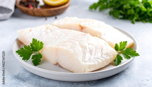 Fresh white fish fillets on a plate
