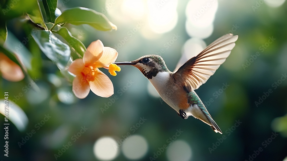Fototapeta premium Hummingbird Flitting Between Flowers in Soft Natural Light