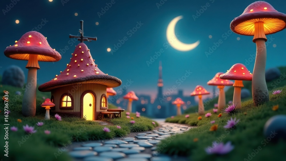 Fototapeta premium Enchanting Mushroom Village Under a Crescent Moonlit Night Sky