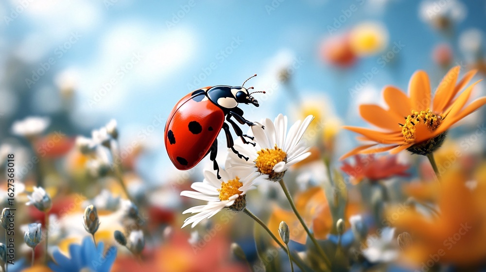 Naklejka premium Ladybug Flying Through Colorful Meadow with Fast Beating Wings