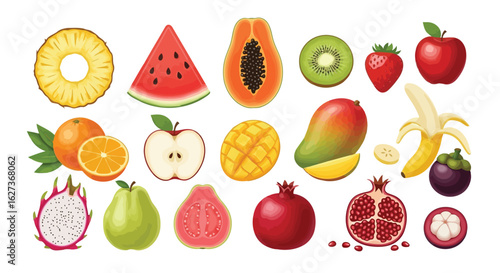 Vector art of vector illustration of a colorful assortment of fresh and juicy fruits including tropical and common varieties for a healthy diet