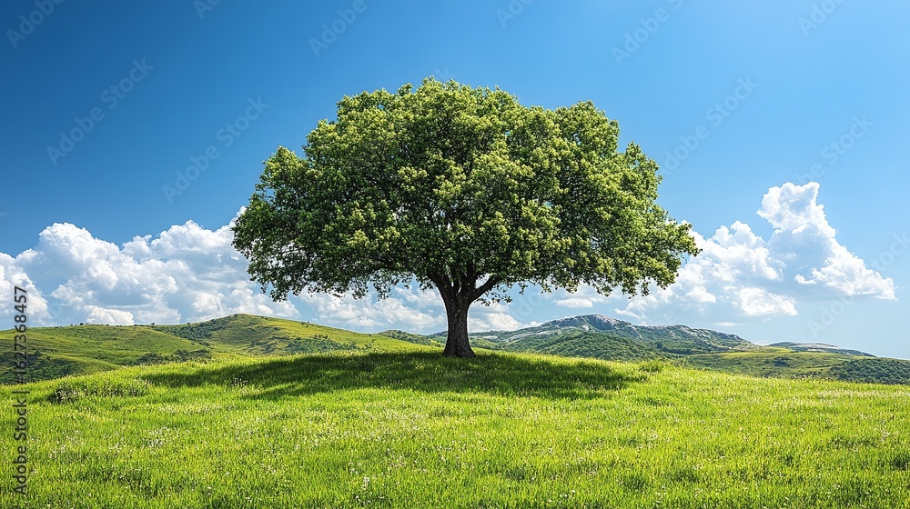 Fototapeta premium Lone tree stands tall in a grassy field.