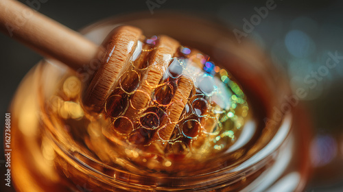 Rainbow honeycomb, food macro texture, honey dripping