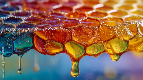 Rainbow honeycomb, food macro texture, honey dripping