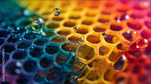 Rainbow honeycomb, food macro texture, honey dripping, hexagon