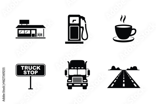 Truck stop building gas pump hot coffee truck sign and highway vector