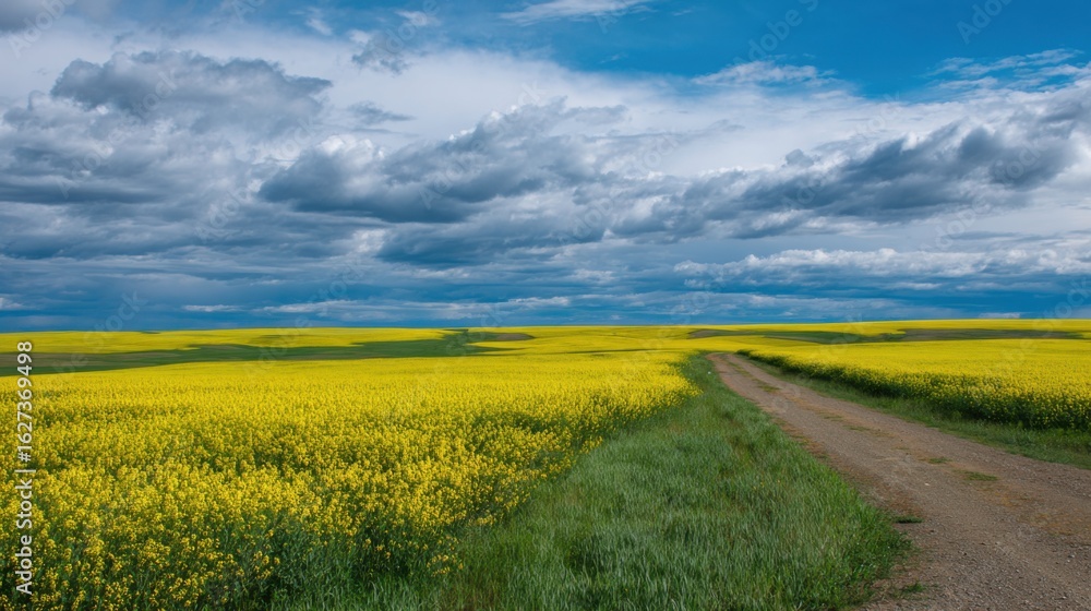 Obraz premium A dirt road winds through bright yellow fields in the countryside, framed by a vibrant sky with swirling clouds, capturing the essence of late spring's beauty.