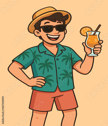 A funky young man in beachwear smiles brightly, holding a cocktail.