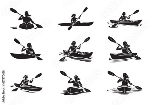A Woman kayaking vector illustration design Set