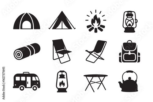 Camping essentials vector icon set with tent, campfire, and outdoor gear symbols for web and mobile design.