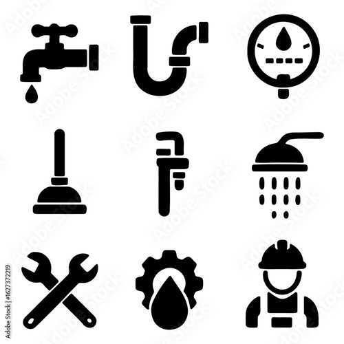 Plumbing icons set featuring faucet, pipe, gauge, plunger, wrench, shower, gear, drop, worker, helmet, and various plumbing related tools.