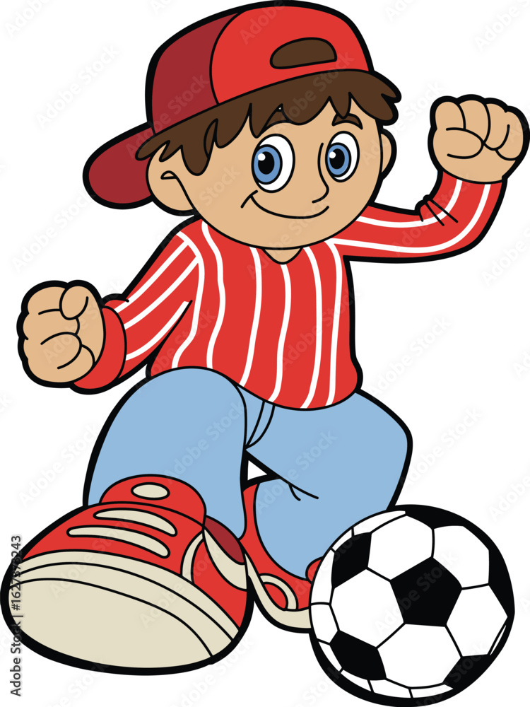 Cartoon boy wearing red striped shirt and cap playing soccer with happy smile, active sports character illustration for kids lifestyle Cartoon boy wearing red striped shirt and cap playing soccer with happy smile, active sports character illustration for kids lifestyle