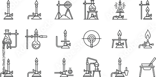 Bunsen burner set, laboratory equipment for science experiment, research, chemistry education, scientific symbol, icon, vector graphic sketch
