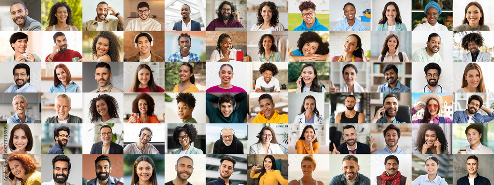Fototapeta premium This vibrant collage showcases a variety of joyful faces from different ethnic backgrounds, highlighting the beauty of diversity and togetherness in modern society.