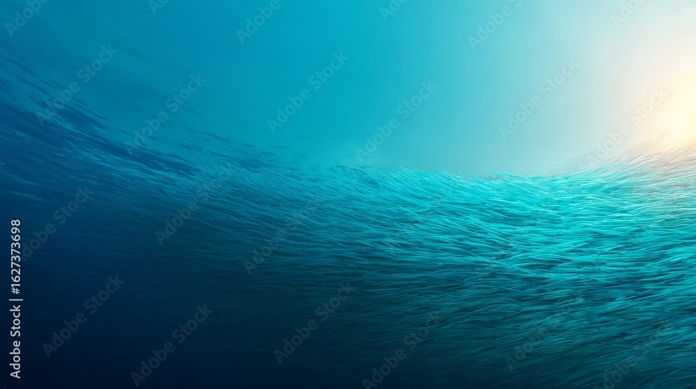 Obraz premium Microplastic Pollution Threatening Aquatic Ecosystems, Abstract underwater scene with shimmering light reflections and flowing textures.