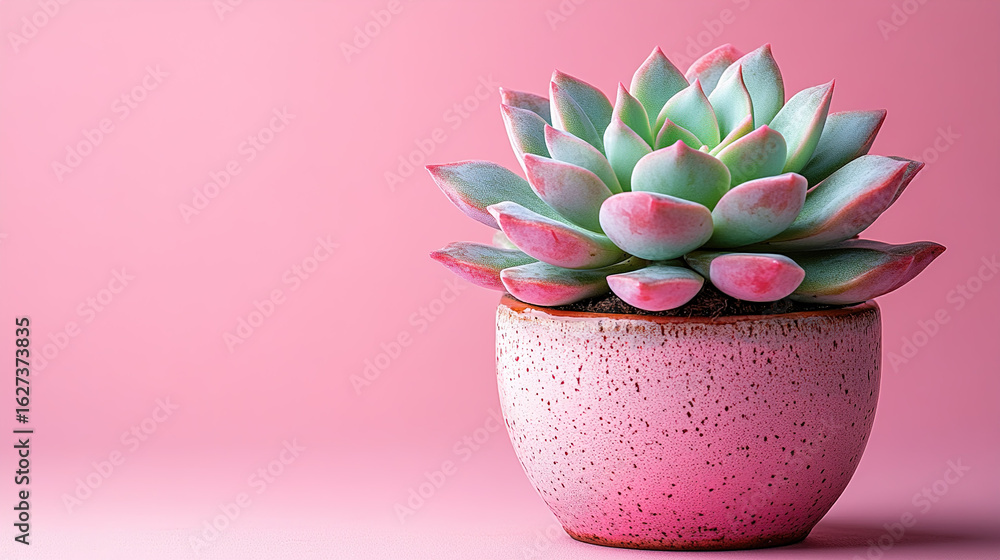 Obraz premium Elegant succulent plant in terracotta pot on vibrant pink background creating a modern, calming aesthetic