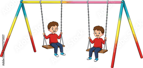 Cartoon twin boys playing on colorful swing set at playground, smiling and enjoying fun outdoor activity in casual clothing