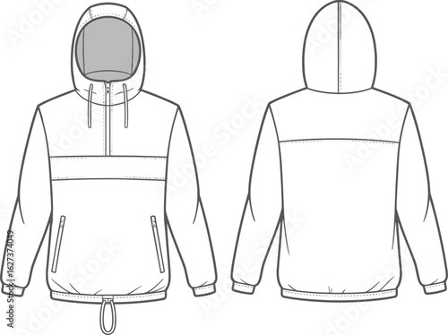 Hooded jacket sketch, half-zip closure, drawstring hood, zippered pockets, chest seam, adjustable hem, fashion CAD, vector illustration