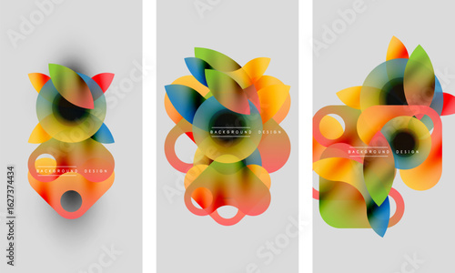 Abstract colorful shapes overlap, creating dynamic compositions. Backgrounds feature gradients, text elements, modern design aesthetic.