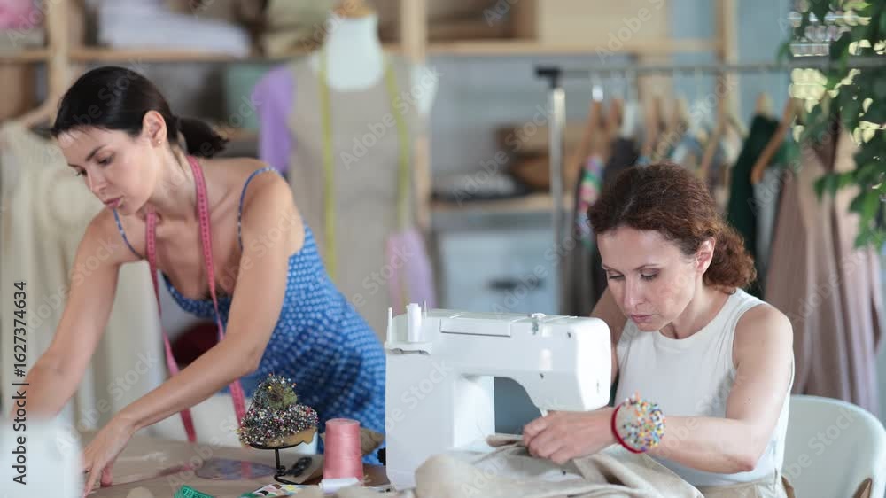 Woman tailor draw dress pattern with curve ruler on paper, female master seamstress sewing cloth with sewing machine. Tailor workplace with cut textile, sewing machine, thread, pins, needles, tape