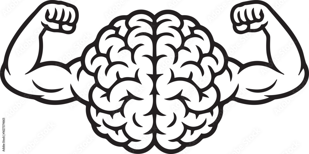 Fototapeta premium Black and White Line Art Illustration of a Strong Brain with Biceps