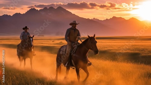 Group of cowboys riding horses across open grassland at sunset with mountains in background