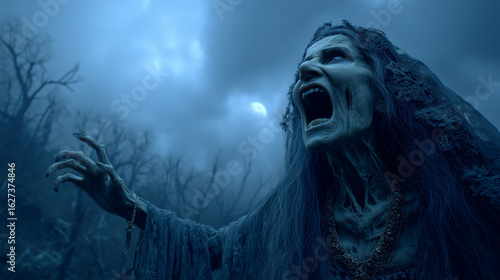 Terrifying witch screaming in eerie moonlit forest with dramatic blue lighting and haunting expression