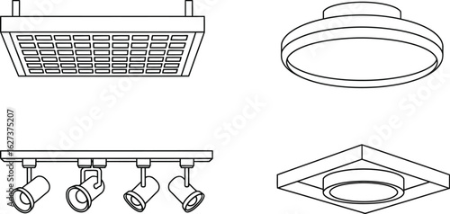 Set of linear icons of ceiling lamps and spotlights collection of modern lighting fixtures for home, office and industrial use vector illustration