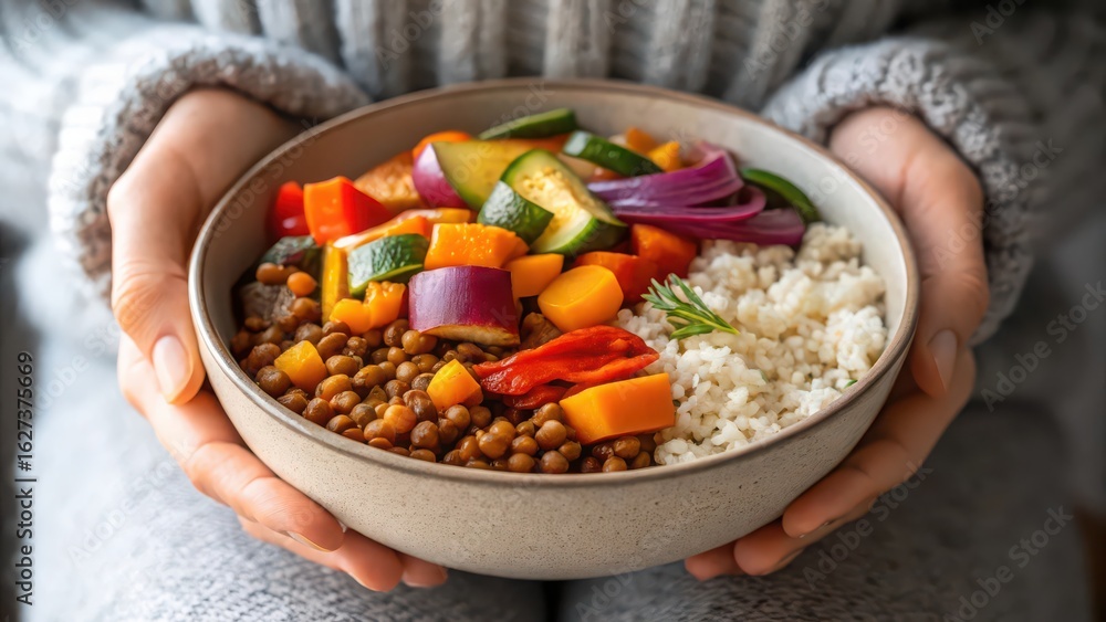 Fototapeta premium Healthy vegan bowl recipe with lentils rice and roasted vegetables for clean eating and wellness diet