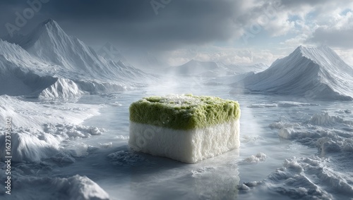 Icy dessert cube, matcha flavor, frigid landscape