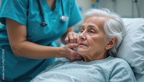 Attentive nurse providing comfort and medical support to an elderly patient