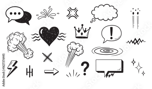 Hand-drawn doodle elements collection featuring speech bubbles crown heart and expressive comic details
