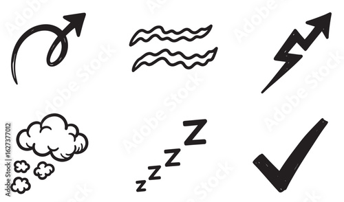 Set of hand drawn doodle icons including arrows clouds sleeping zzz and a check mark
