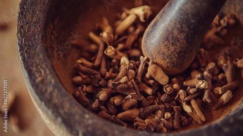 Close-Up of Ground Cloves in a Wooden Mortar and Pestle Setting