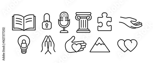 Education, religion outline icon set. book, microphone, puzzle, hand, bulb icons