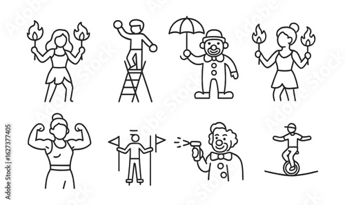 Circus performance line icon set. acrobat, clown fun outline illustration collection
