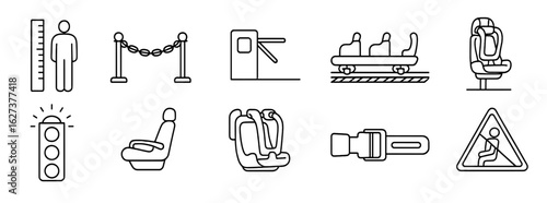 Theme park security line icon set. rides, safety, seating icons in outline style