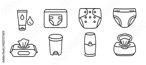 Baby care outline icon set. diapers, wipes and accessories outline collection