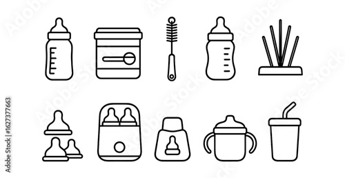 Baby feeding essentials icon set. bottle, pacifier, outline style collection