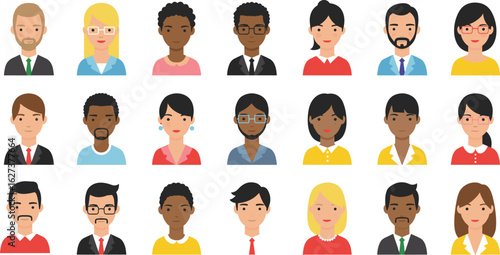 Diverse business professionals avatars set, multicultural office characters, corporate team icons, modern workplace lifestyle, teamwork, leadership, communication, and collaboration