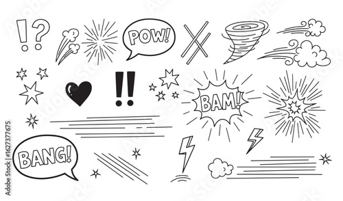Vector illustration of hand drawn comic book elements and sound effects isolated