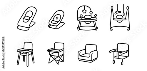 Baby furniture line icon set. high chair, swing, bouncer outline collection