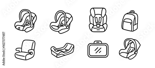 Baby and child safety icon set. car seat, backpack line icons collection