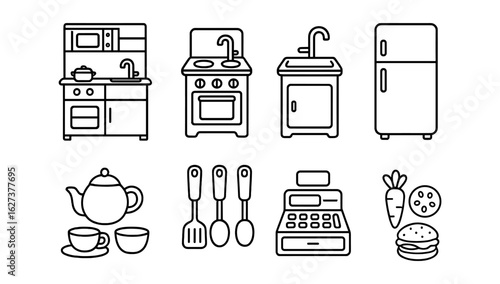 Kitchen appliances and utensils line icon set. cooking, dining, food preparation