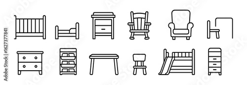 Furniture outline icon set. chairs, beds, tables, and more in linear style collection