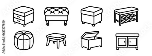 Furniture, home decor solid icon set. ottomans, stools, storage icons in solid style
