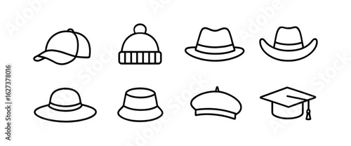 Hat and cap line icon set. headwear, styles collection in outline style