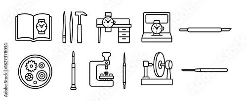 Watch repair icon set. tools, maintenance, and craftsmanship icons in outline style