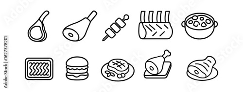 Food and cooking outline icon set. delicious meal preparation, culinary tools icons