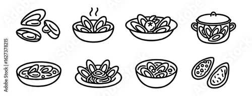 Seafood cuisine outline icon set. shellfish, mussels, clams, culinary collection